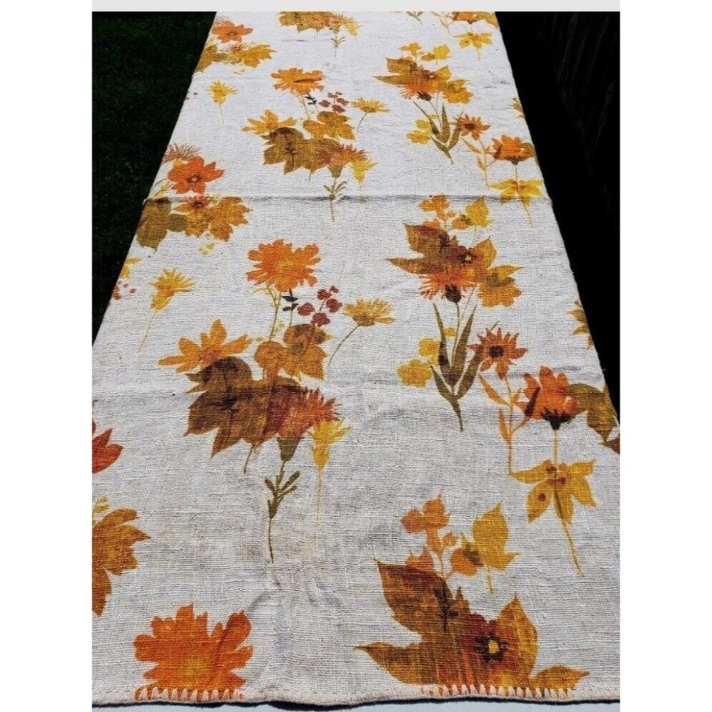 Vtg Rustic Linen Tablecloth Orange Gold Floral Screen Print Farm 46x68 Rectangle